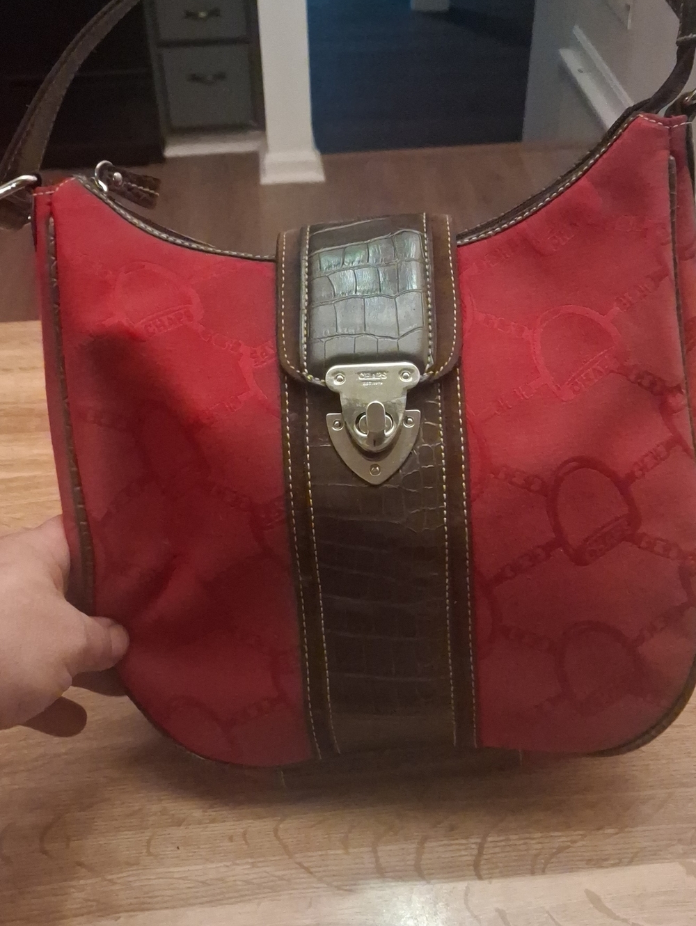 Chaps Red Canvas Shoulder Bag with Brown Leather Trim and Croc-Embossed Accent